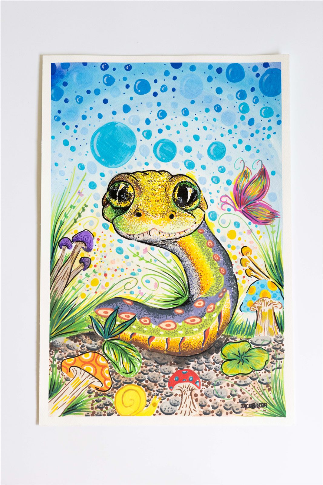 Student painting of a friendly snake among mushrooms and bubbles