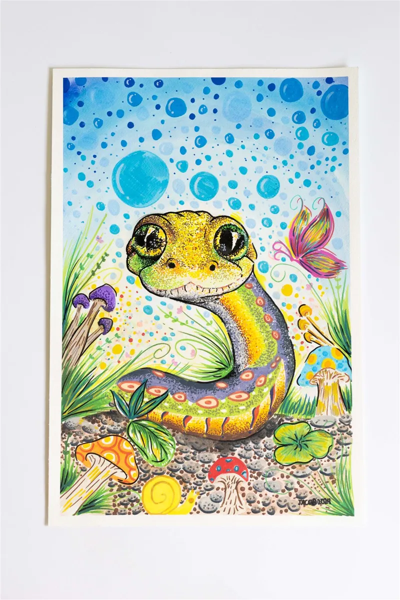 Student painting of a friendly snake among mushrooms and bubbles