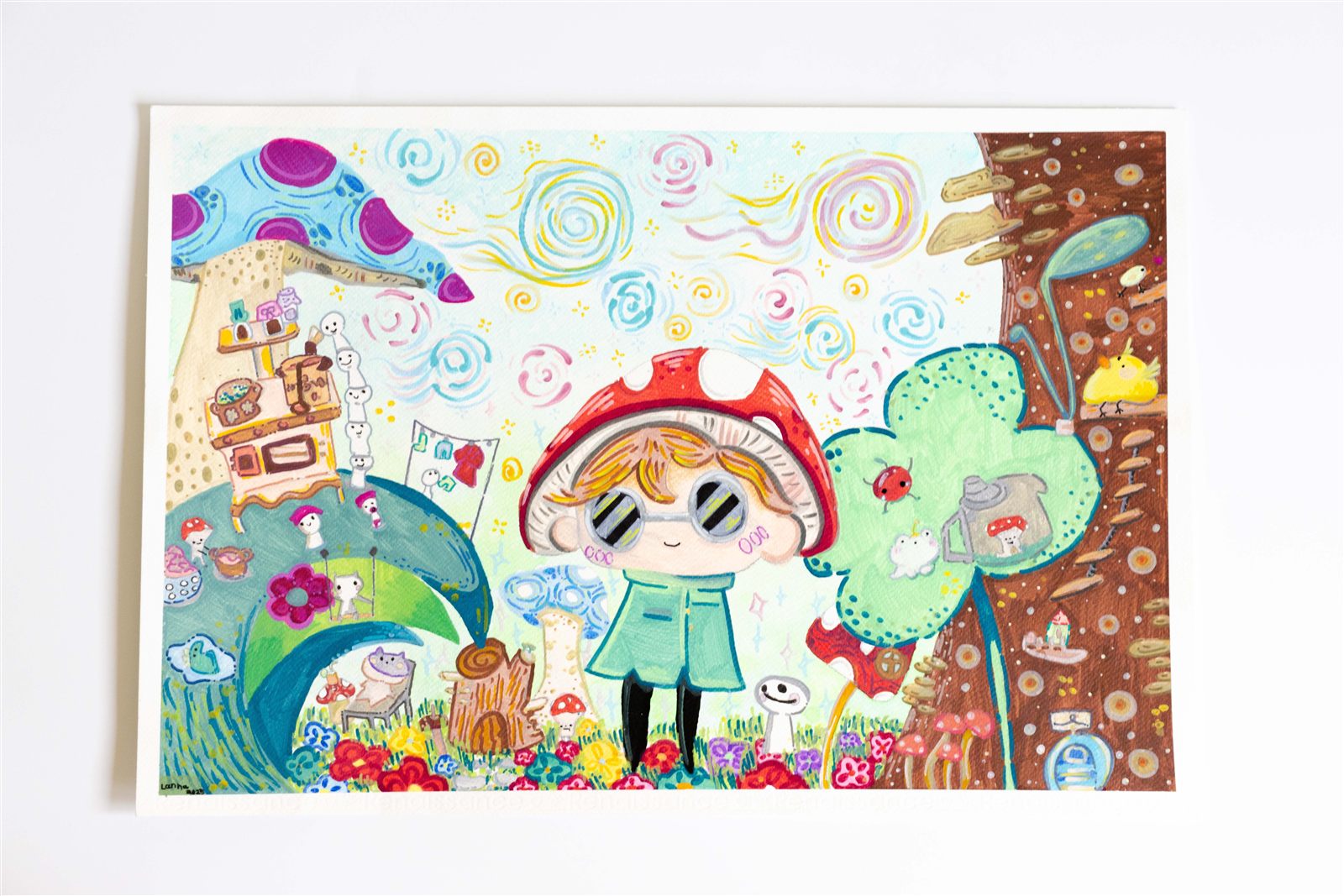 Student painting of a mushroom-hat character in a whimsical garden