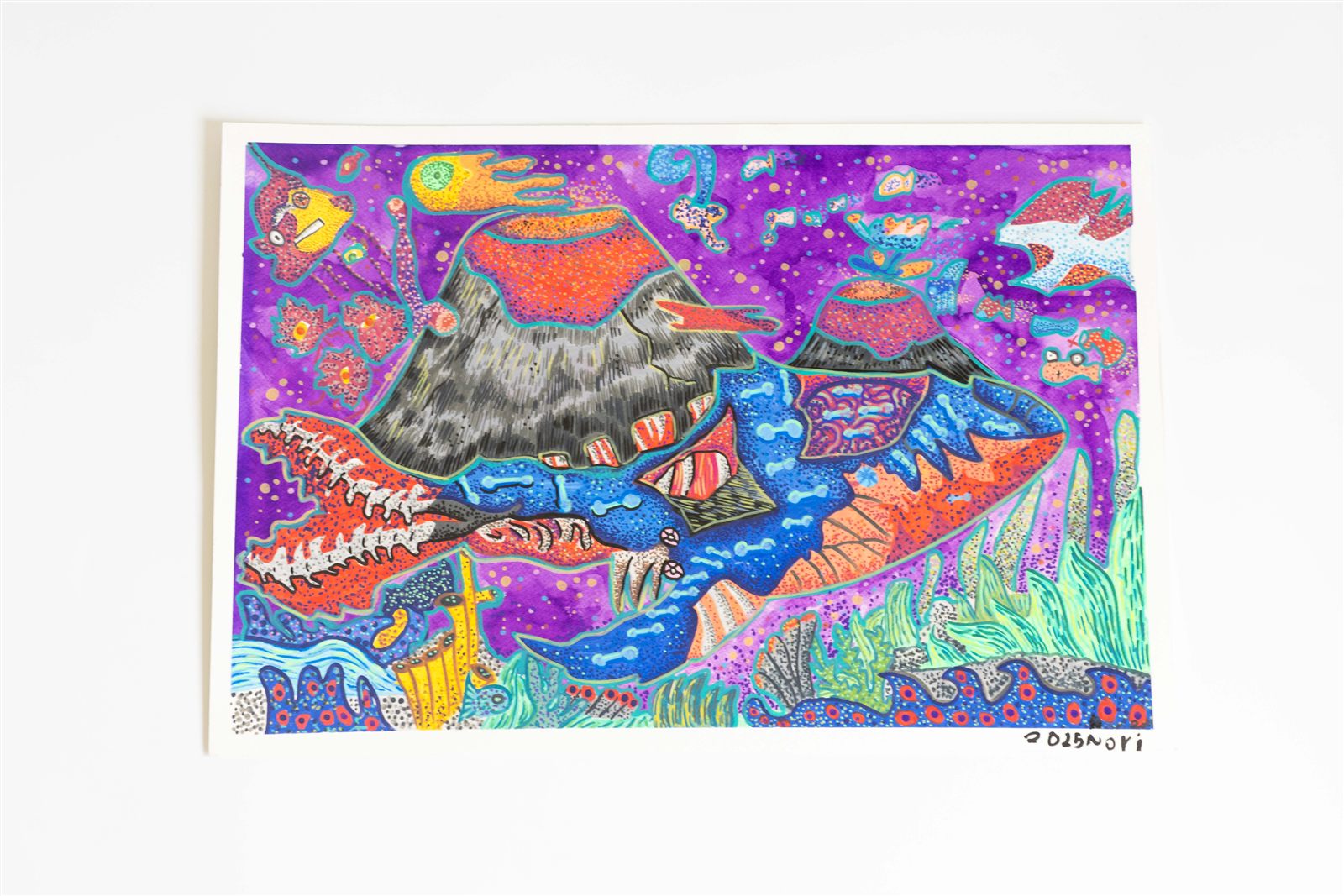 Student painting of volcanoes in a vivid purple dreamscape