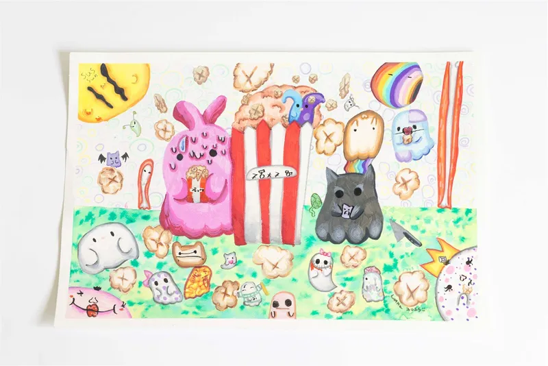 Student painting of playful popcorn and bunny characters