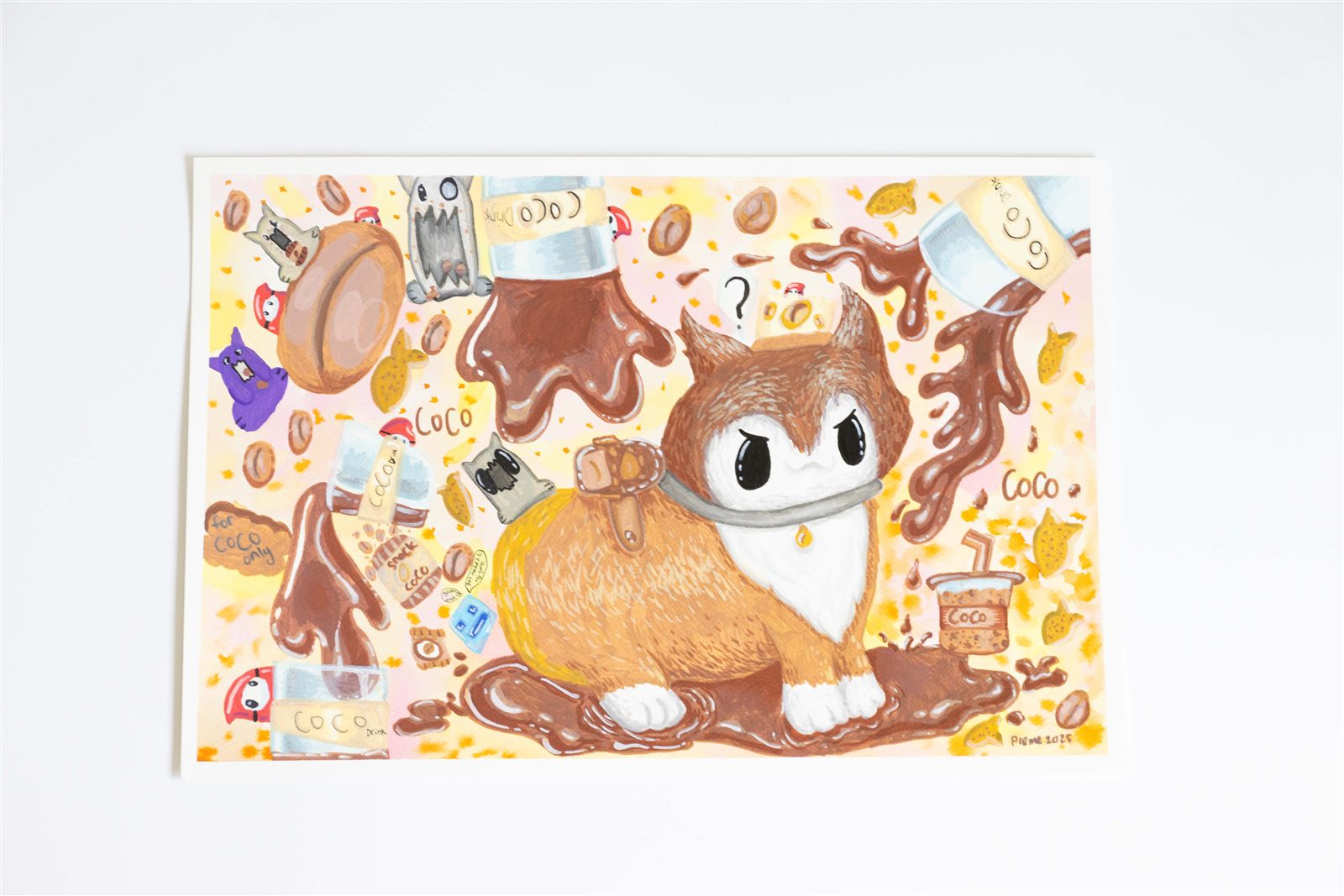 Student painting of a cat enjoying chocolate treats