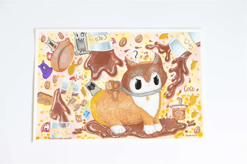 Student painting of a cat enjoying chocolate treats
