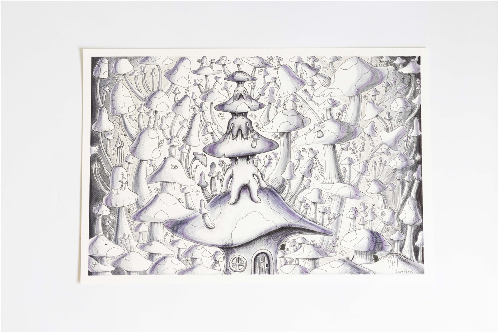 Student pencil drawing of a mushroom village