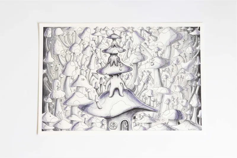Student pencil drawing of a mushroom village