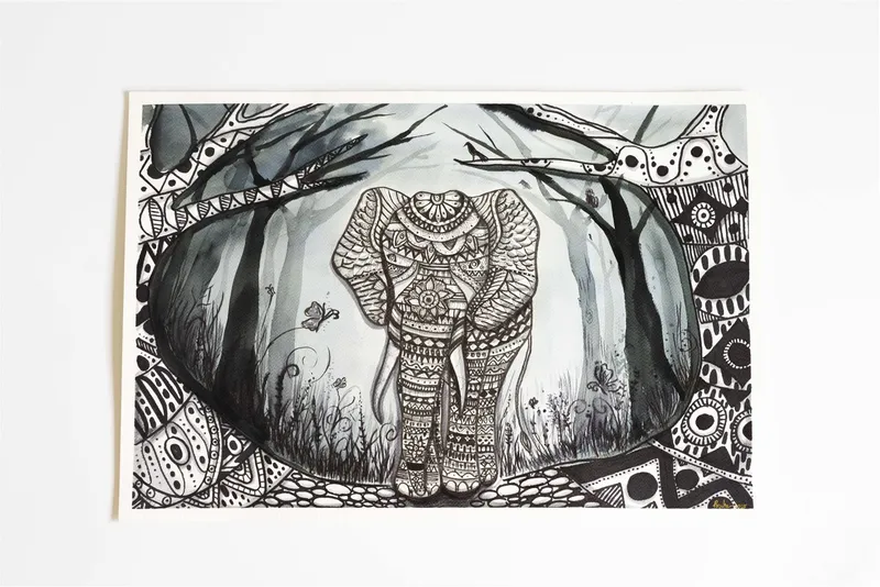 Student ink drawing of a patterned elephant in the forest