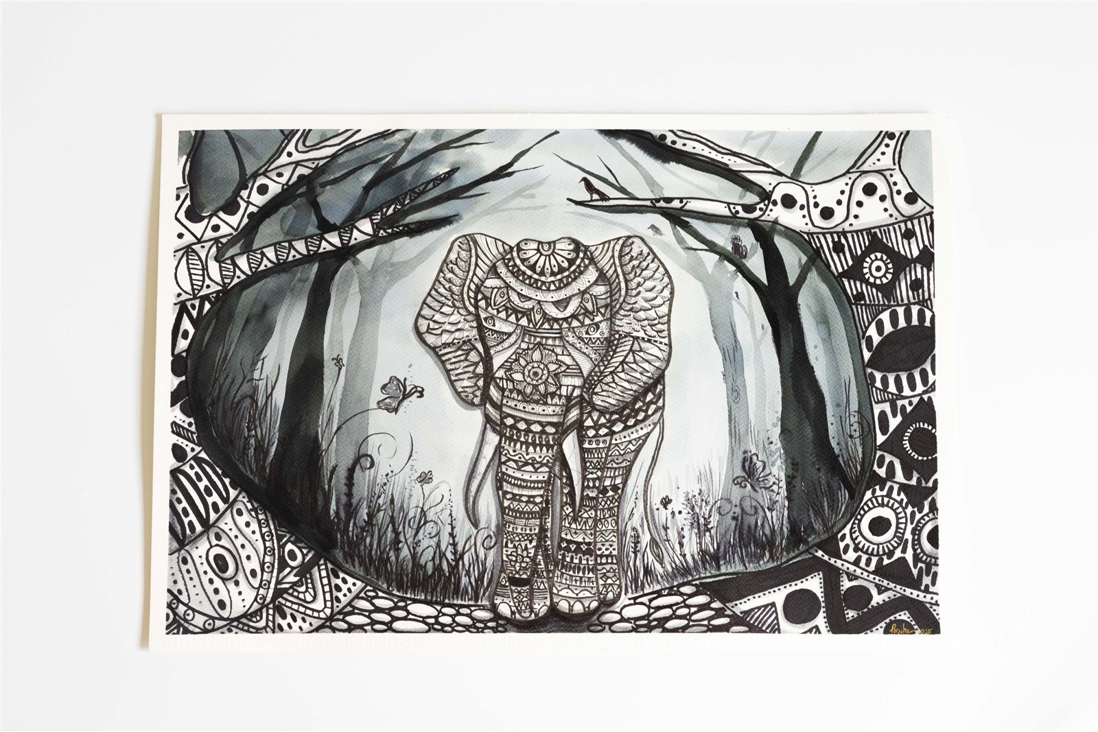 Student ink drawing of a patterned elephant in the forest