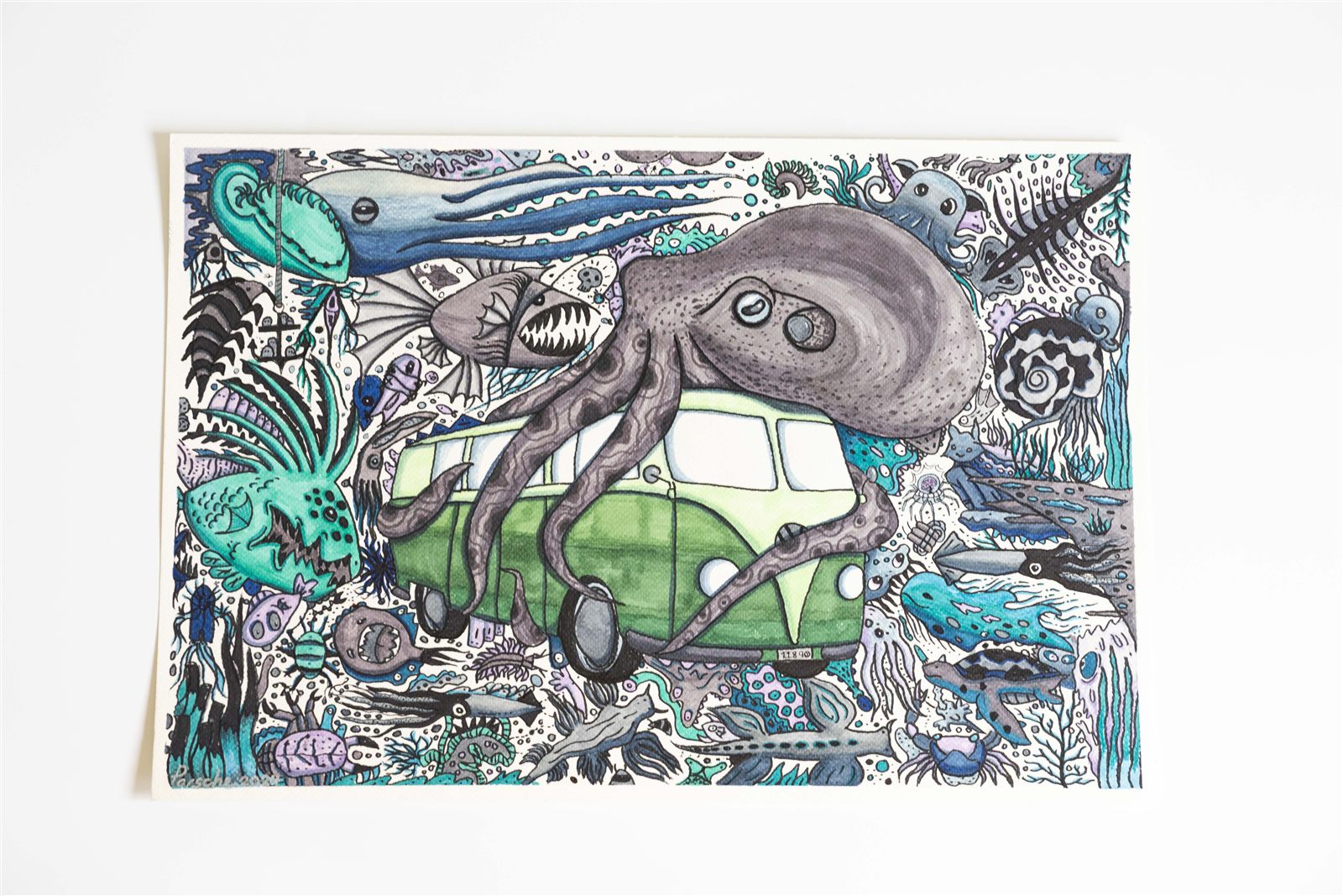 Student ink drawing of an octopus embracing a camper van